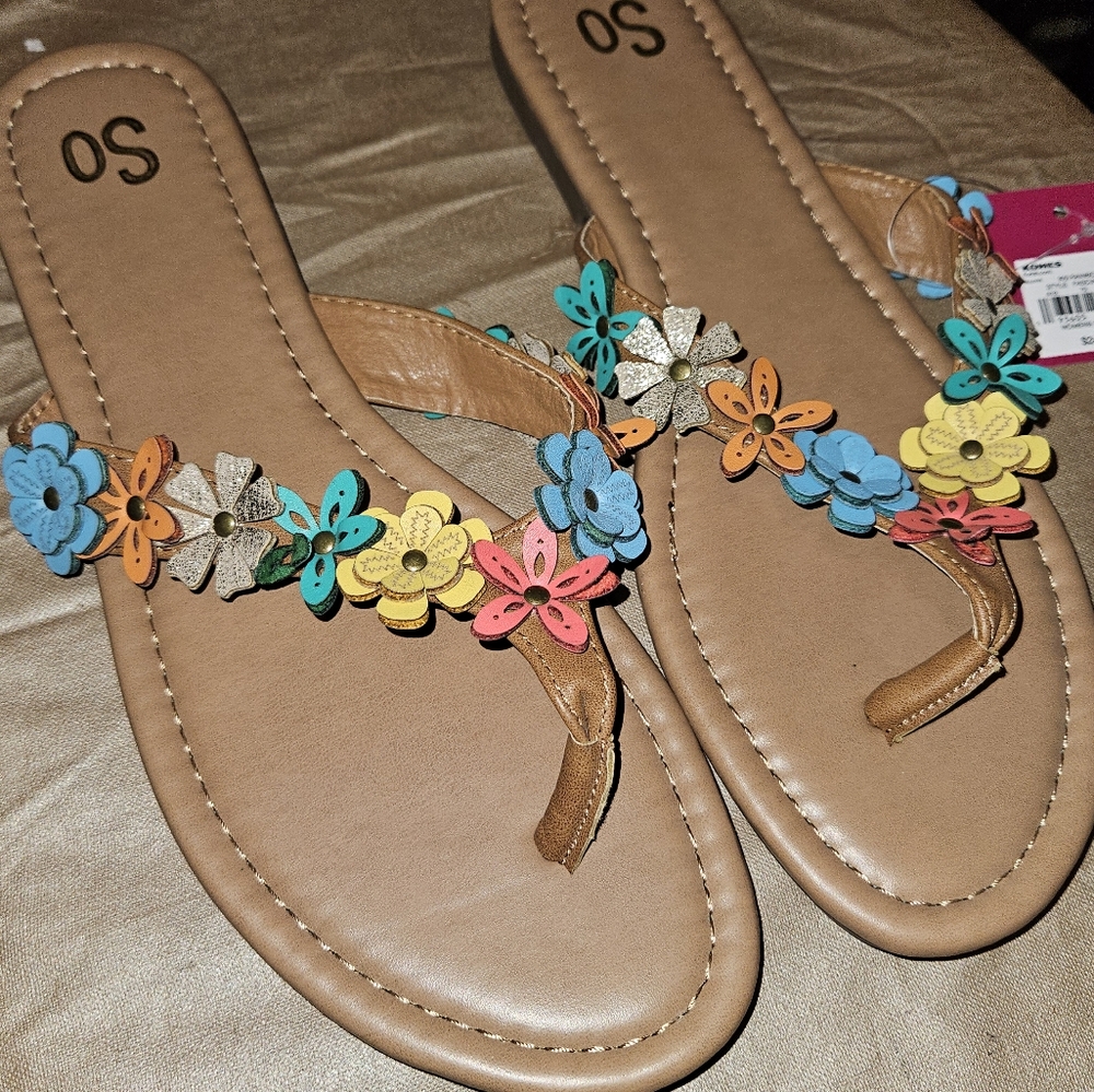 SO Women's Multicolor Faux Leather Flowers Slide-On Summer Thong Sandals Size 11